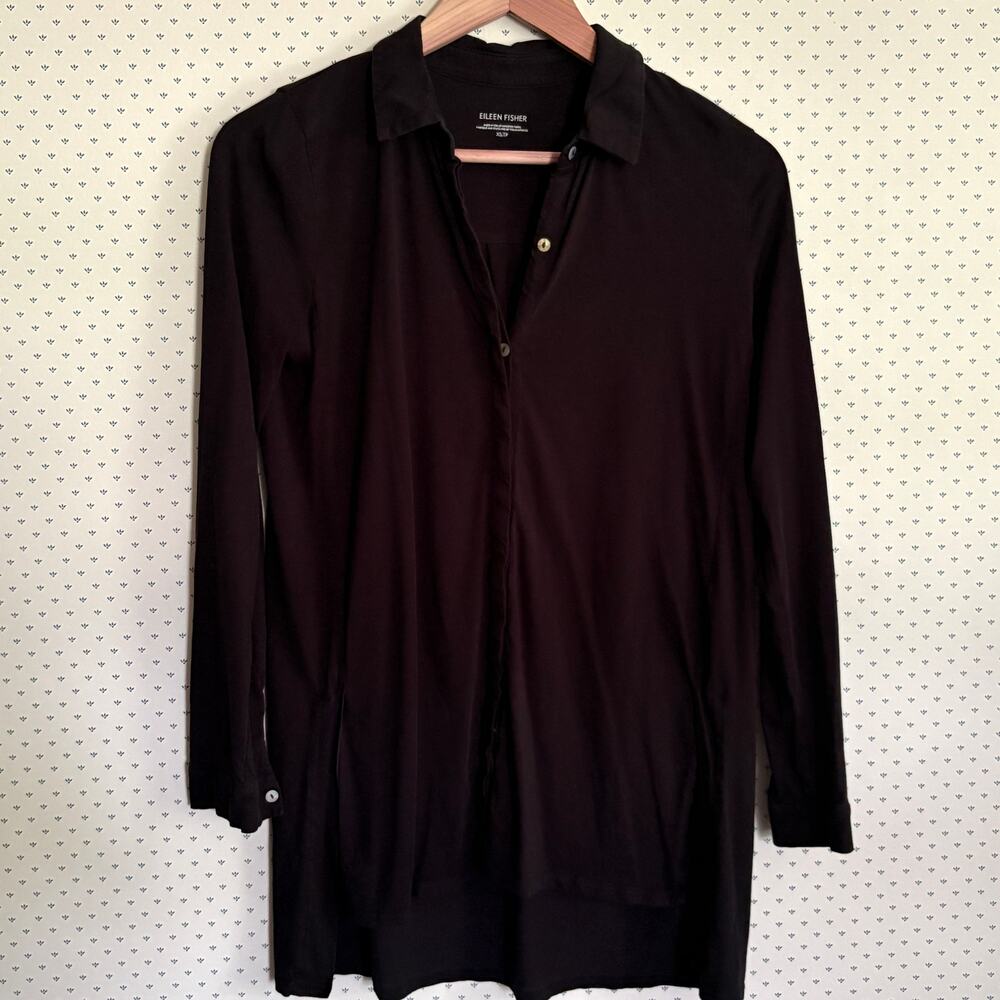 Eileen Fisher Button Down Tunic XS Black Shirt Top Capsule Minimalist Lagenlook